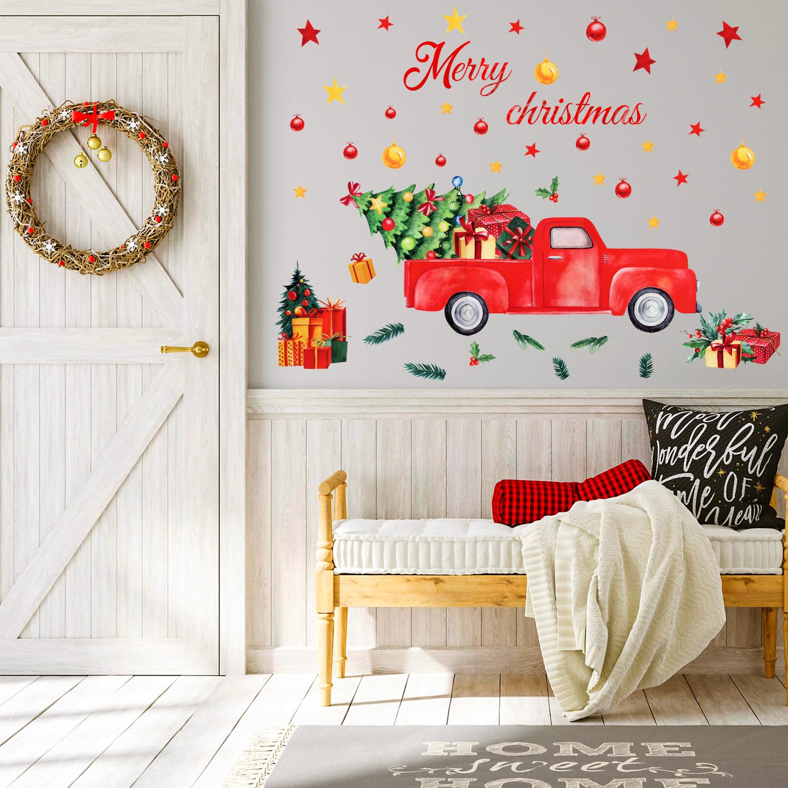 Glenmal 40 Pcs Merry Christmas Wall Decals Christmas Truck Wall Stickers Farmhouse Red Truck with Christmas Trees Wall Decals fo